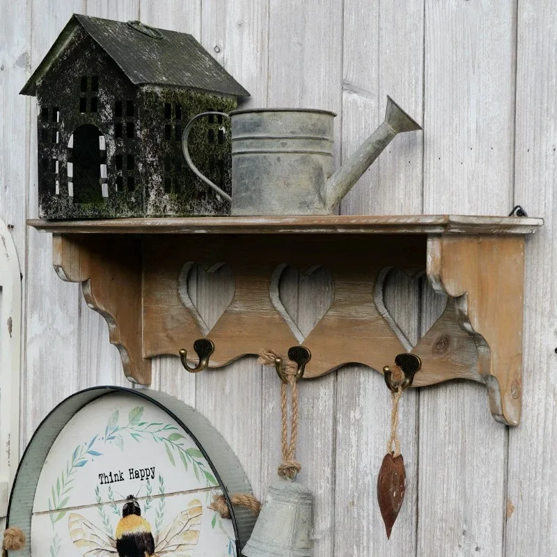 Vintage Farm Decorative Wood Wall Floating Shelf with 3 Hooks