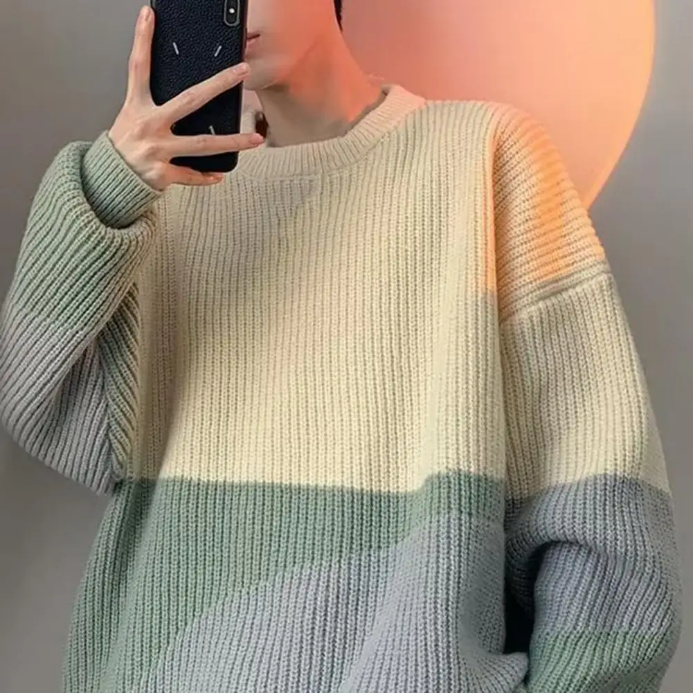 Men Sweater Contrast Color Crew Neck Ribbed Loose Fit Long Sleeves Coldproof Comfy Autumn Winter Knitted Pullover Sweater