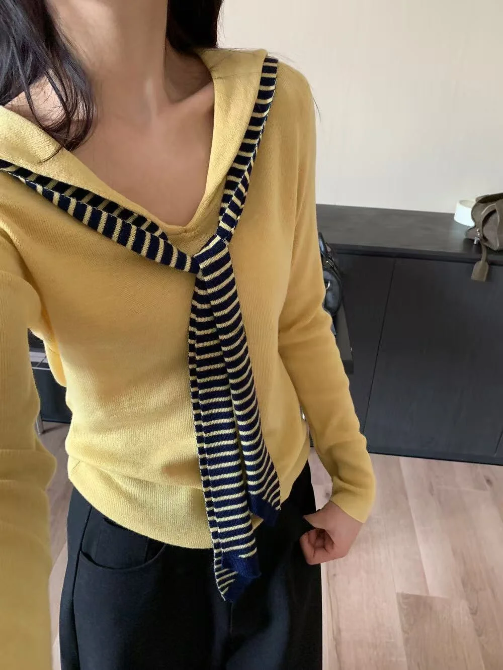 

Korean Sle Navy Collar awl Long Sve Women's Slim Fit Knitted Top Trendy Casual Commute Series Fine Gauge Wool Blend
