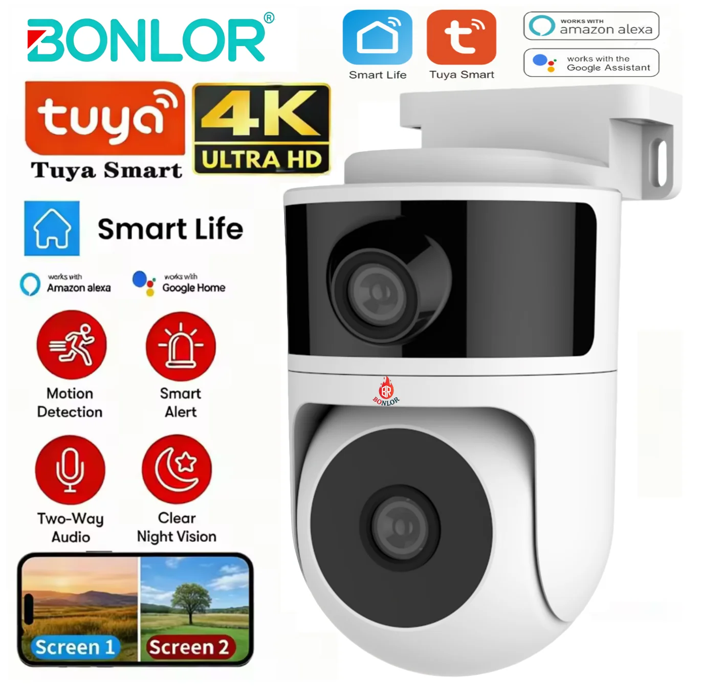 Tuya Smart APP Control Outdoor Security Camera 8MP Dual Lens Full Color Night Vision AI Human Tracking 2.4GHz WiFi Network PTZ