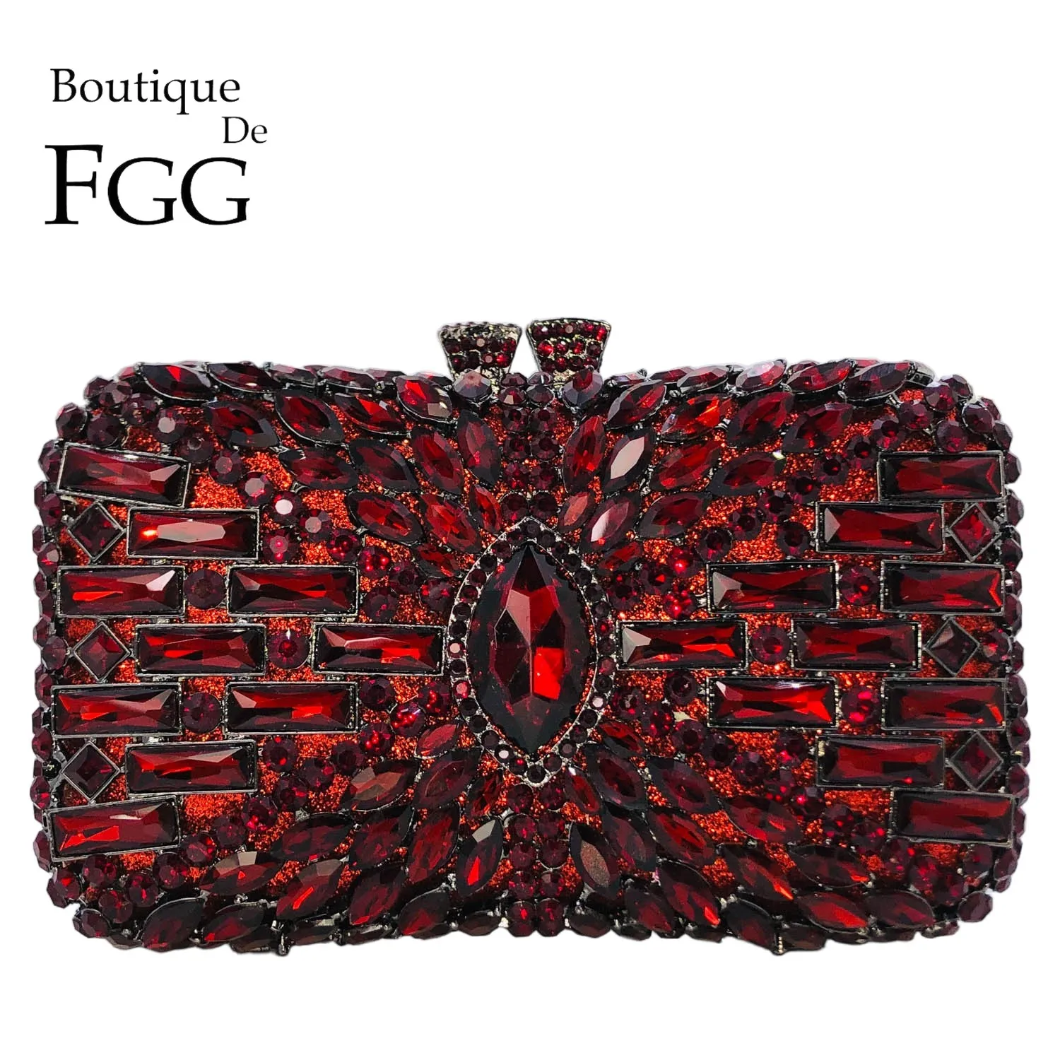Boutique De FGG Burgundy Red Rhinestone Clutch Purses for Women Dressy, Formal Party Evening Bags Crystal Clutch Wedding Handbag
