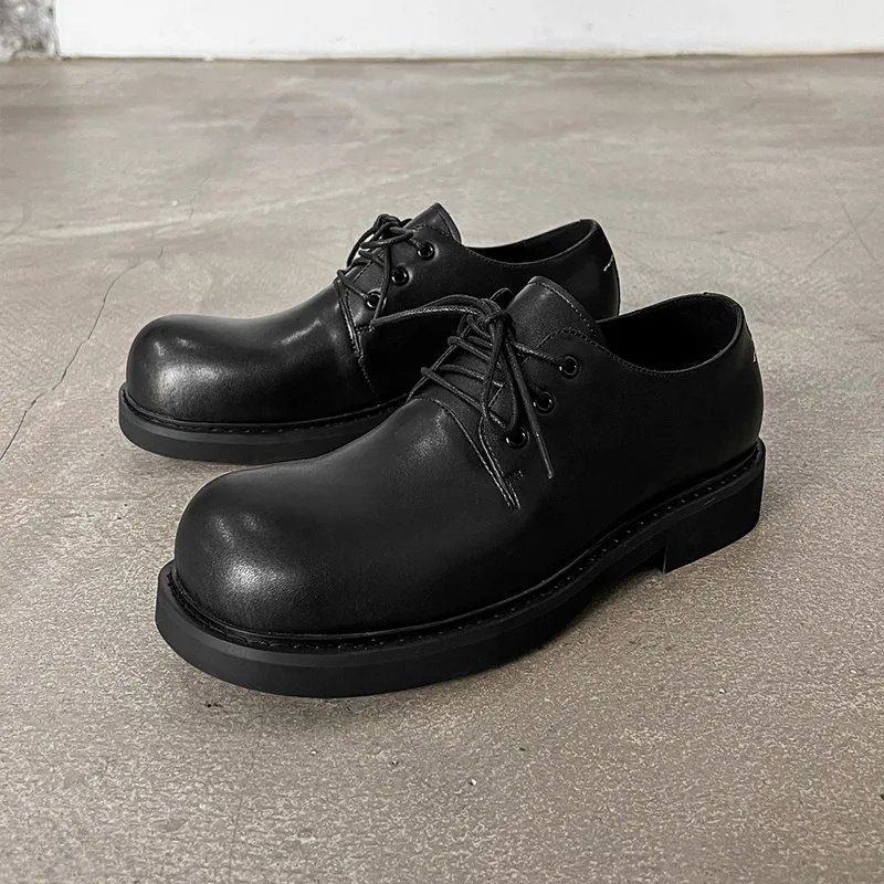 Brand Men\'s Japan Karajuku Korean Style Streetwear Round Toe Solid Leather Shoes Male Casual Business Dress Leather Square Shoes