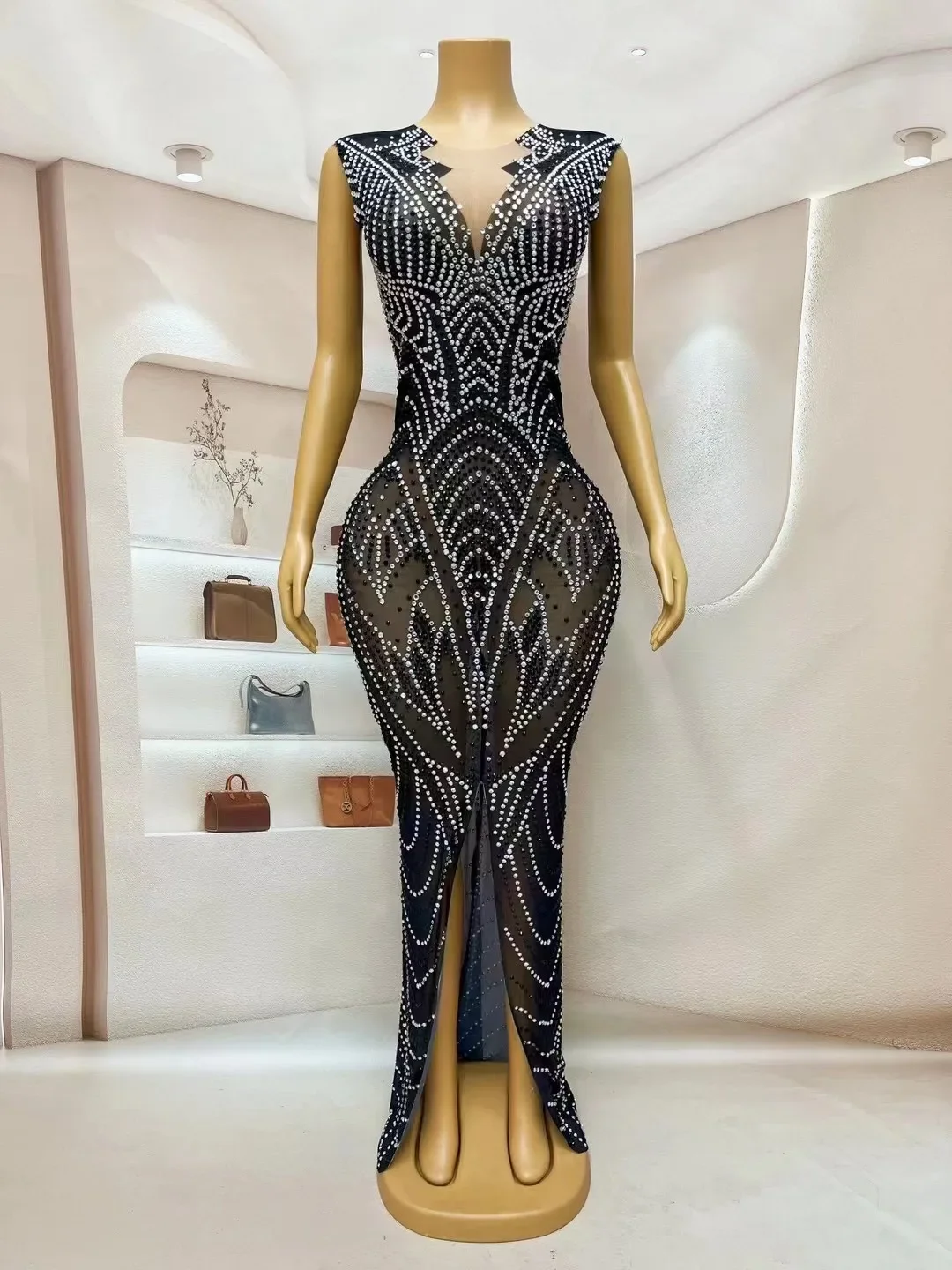 Costume de Soirée d'Anniversaire pour Femme, Robe Sexy, Transparente, avec Strass Argentés et Noirs