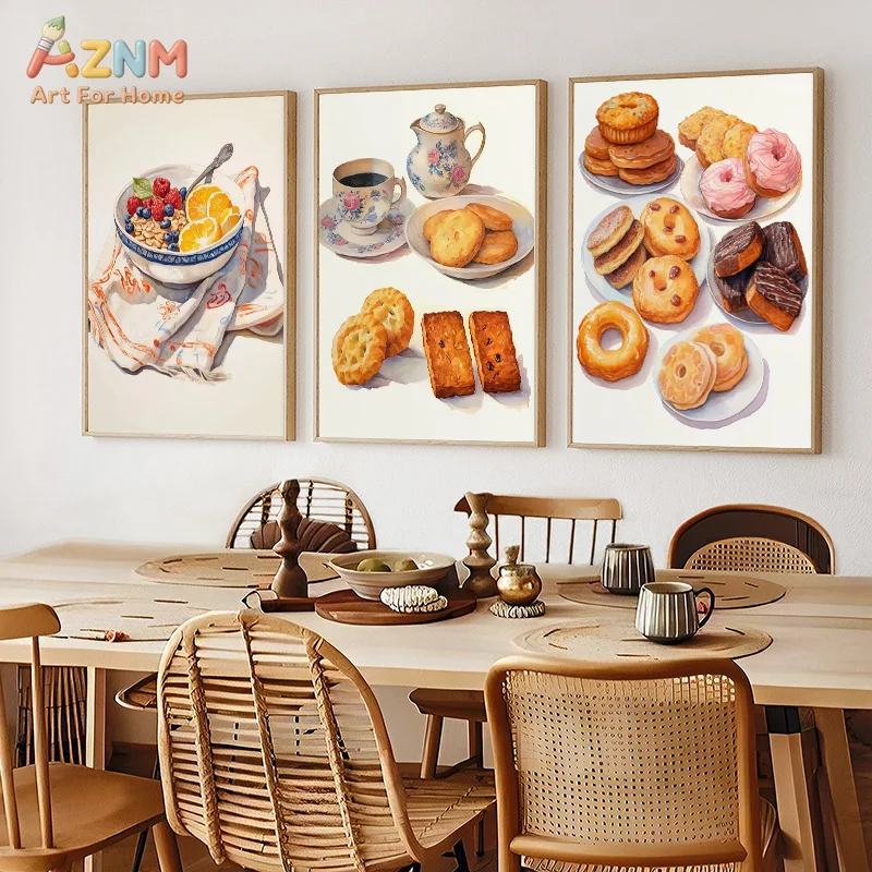 AZNM Watercolor Breakfast Pastry Canvas Wall Art Croissant Donut Cookie Coffee Tea Print Unframed Canvas Painting For Kitchen Ca