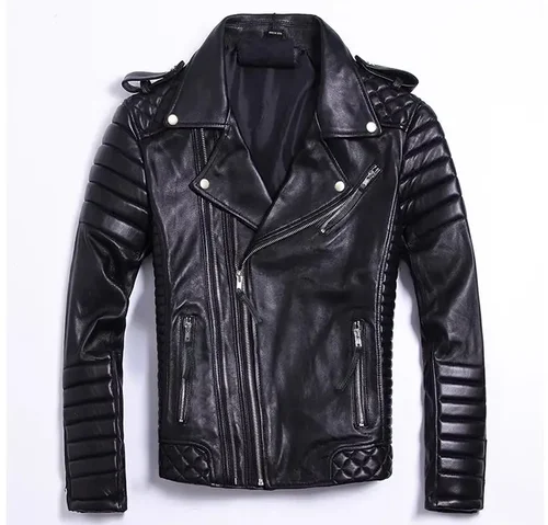 Imagen 2 del producto LNY Shop-chaqueta de cuero auténtico para motorista, abrigo de piel de oveja suave, ajustado, de calidad, talla grande, a la moda, para hombre