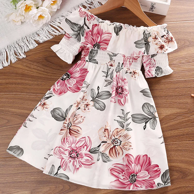 

Kids 4-7 Years White One-Shoulder Short-Sleeved For Little Stylish Girls Casual Vacation Dress