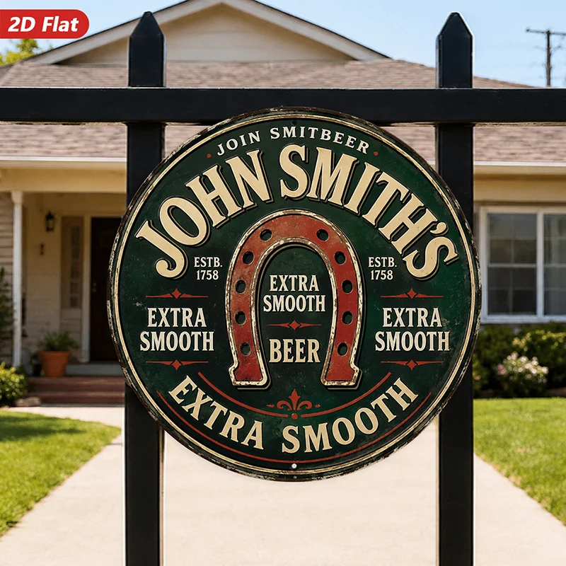 2D Flat - 【2D Flat】 2D Flat Print 1pc Metal Iron Sign. Round Metl Sign Wll Rt, John Smith'S Beer Sign Wll Rt, Vintge Style, Hors