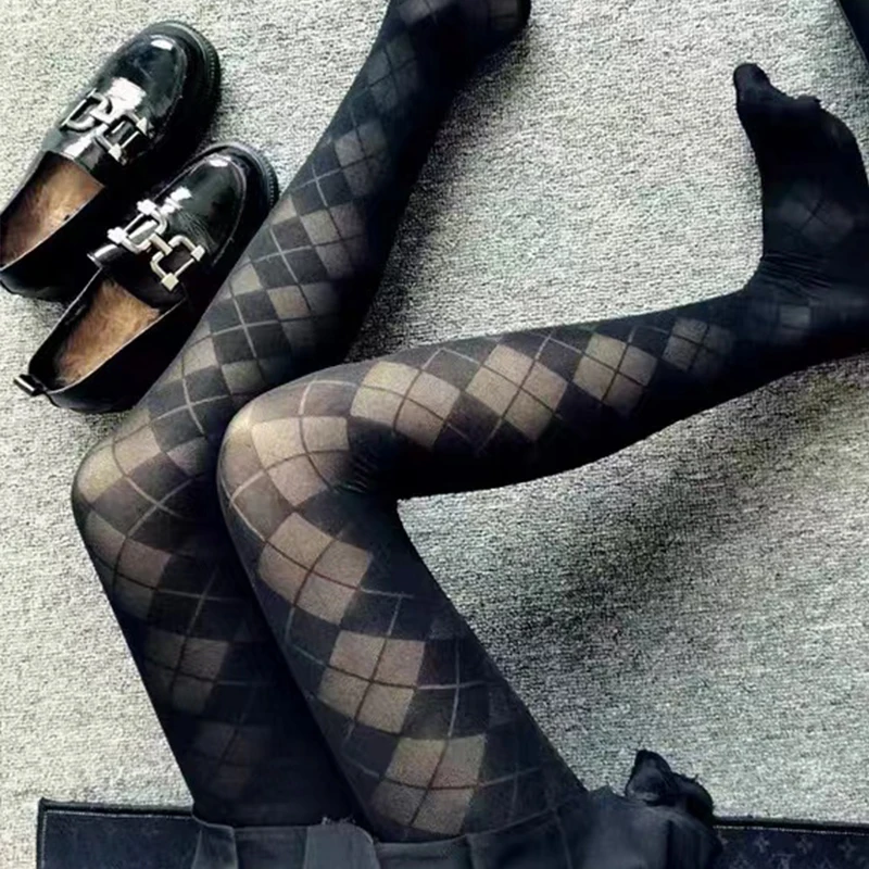 Fashion Sexy Women\'s Plaid Pantyhose Retro British Style Diamond Pattern Stockings Lolita Spice Girls Black Nylon Tights