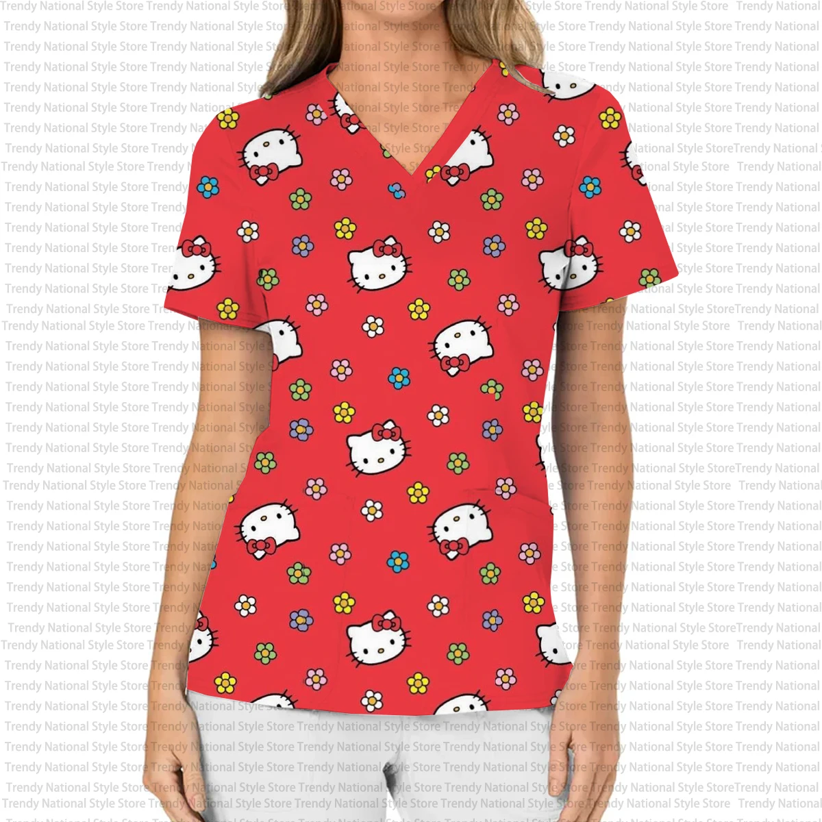 헬로키티 프린트 여성용 우아한 의료용 수술복 트렌디한 V넥 치과 간호복