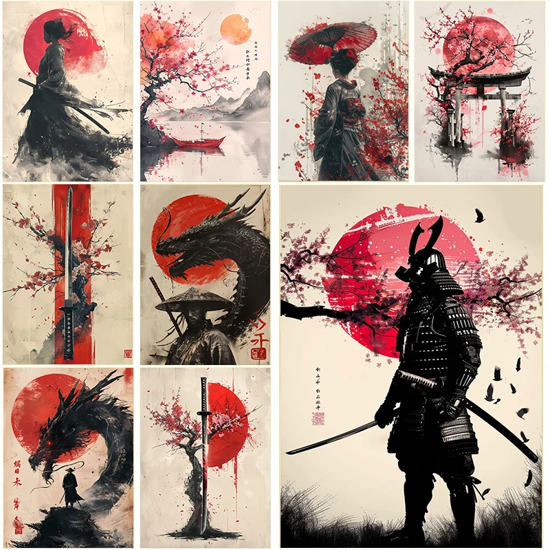 Japanese Landscape Samurai Geisha Bonsai Torii Gate Sakura Art Poster Canvas Painting Wall Prints Picture for Room Home Decor