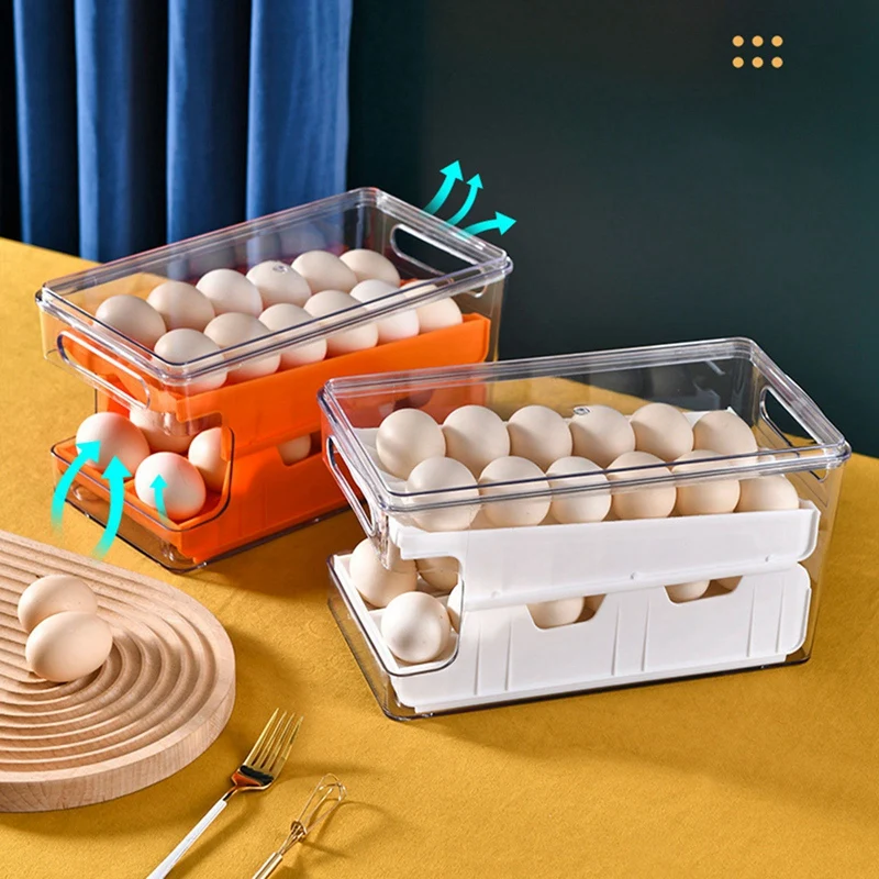 ABHG 2Pcs Egg Storage Box, Double Wall Container Food Refrigerator Drawer Organizer Container