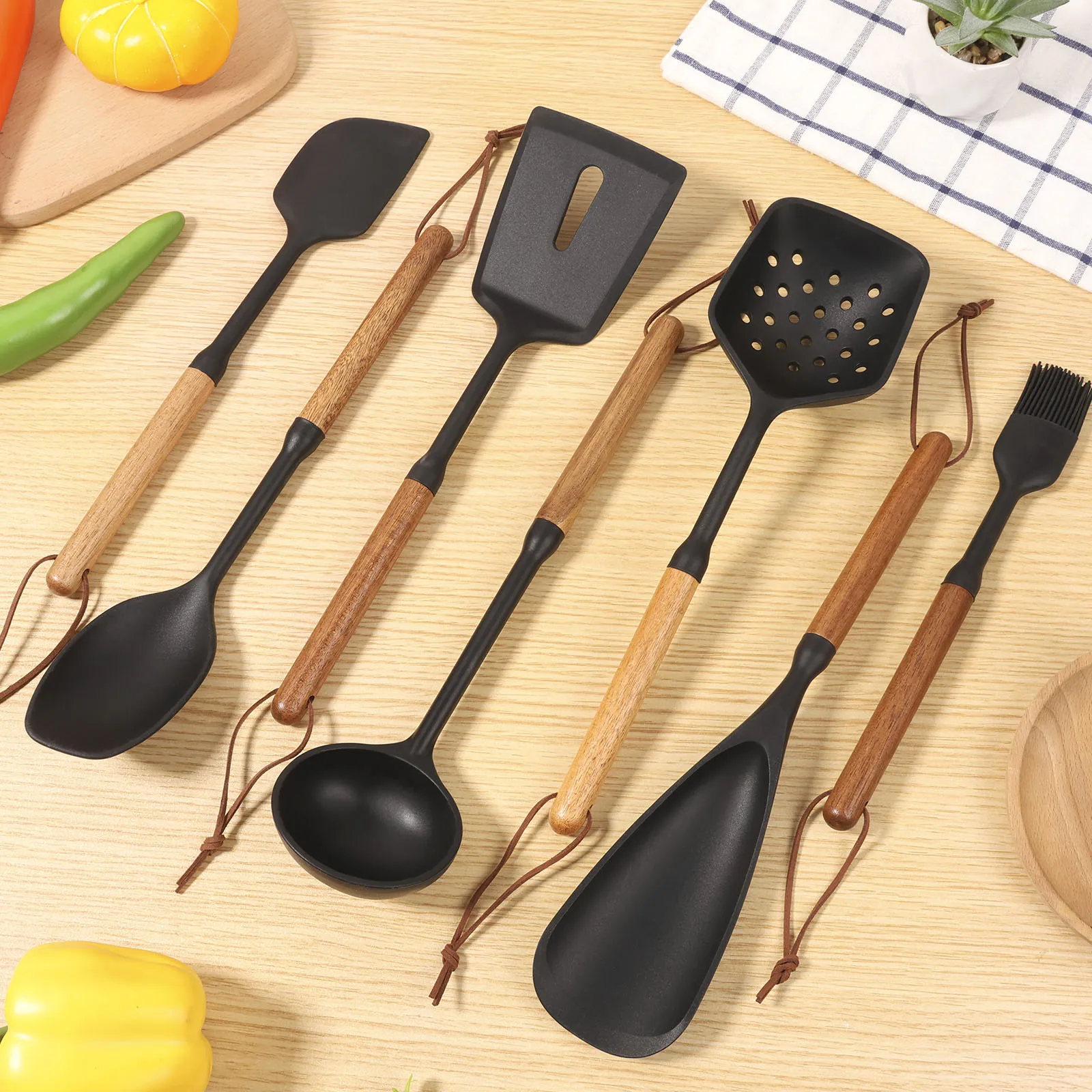 

7 шт., набор кухонных принадлежностей, термостойкая силиконовая лопаточка, ложка с прорезями, ложка для супа, скребок и масляная щетка, набор кухонной посуды