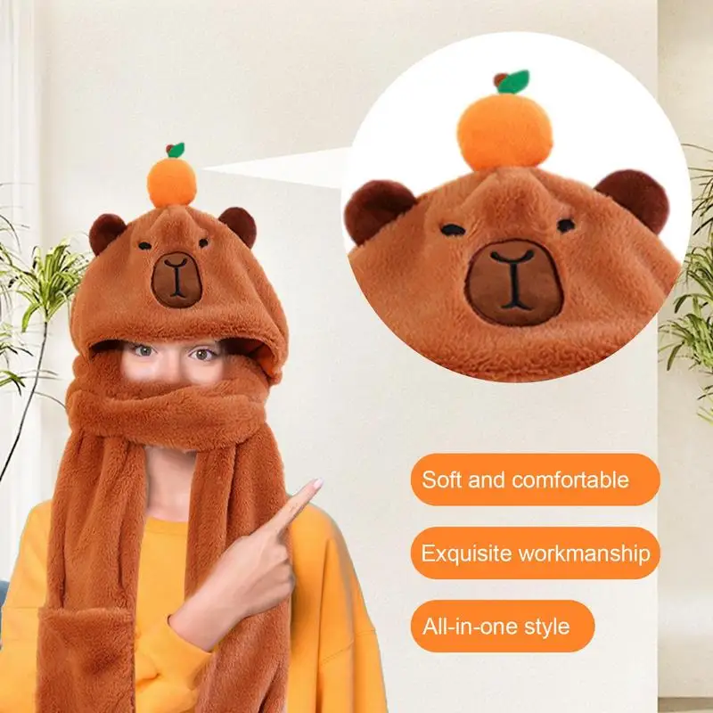 3 In 1 Cute Capybara Hat Scarf Gloves Set Warm Capybara Plush Hooded Scarf Beanie Caps Perfect Winter Gift For Women Girls