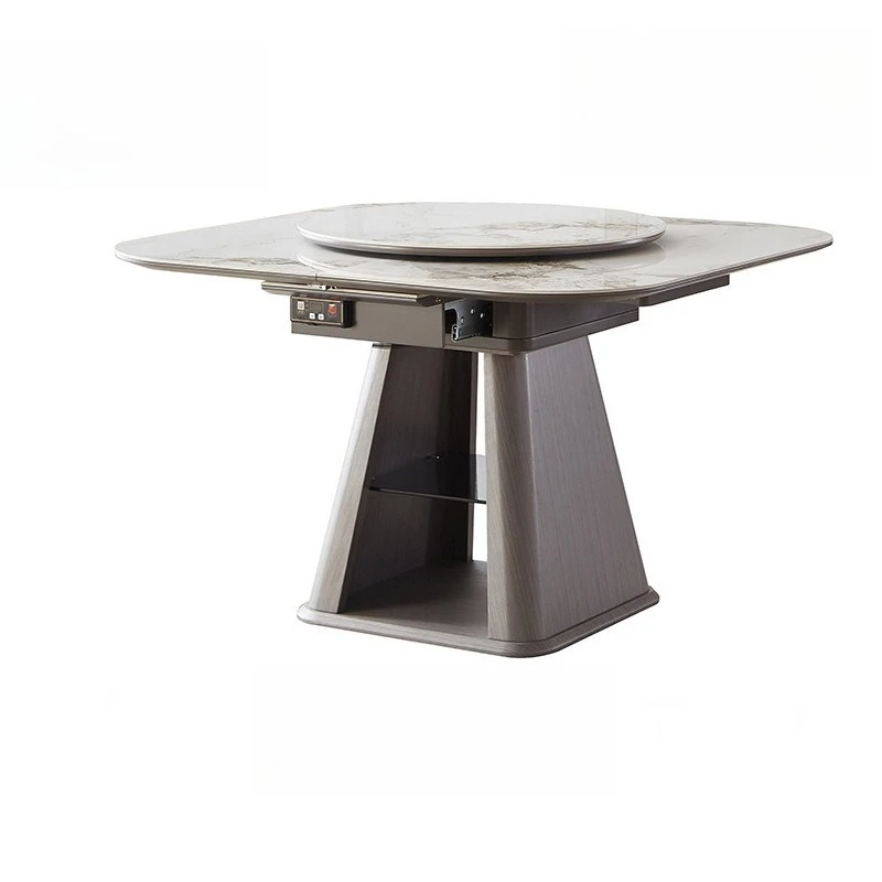 Nordic square sintered stone dining table with storage cabinet, retractable, induction cooker rotary dining table