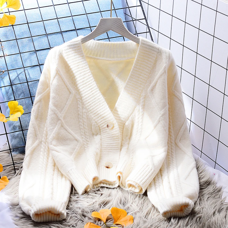 

Women's White Twisted Knitted Sweater, V-Neck Cardigan, Batwing Sleeved, Thicken, Warm Female Outwear Tops, Winter, New Design