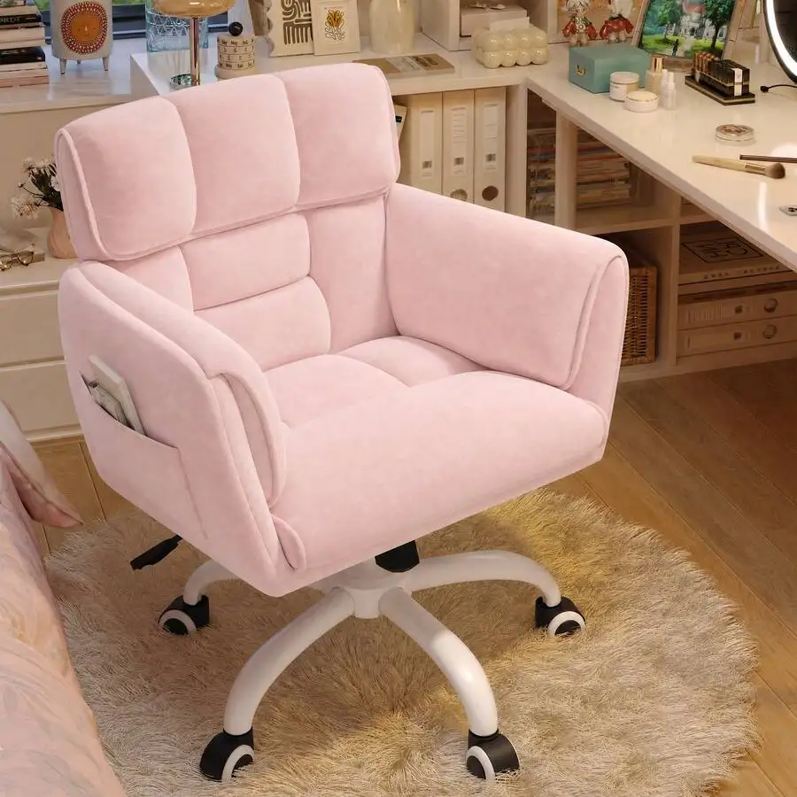 Home Office Chair With Wheels & Side Pockets Vanity Chair Adjustable Height Soft Upholstered Modern Desk Chair With Backrest & A