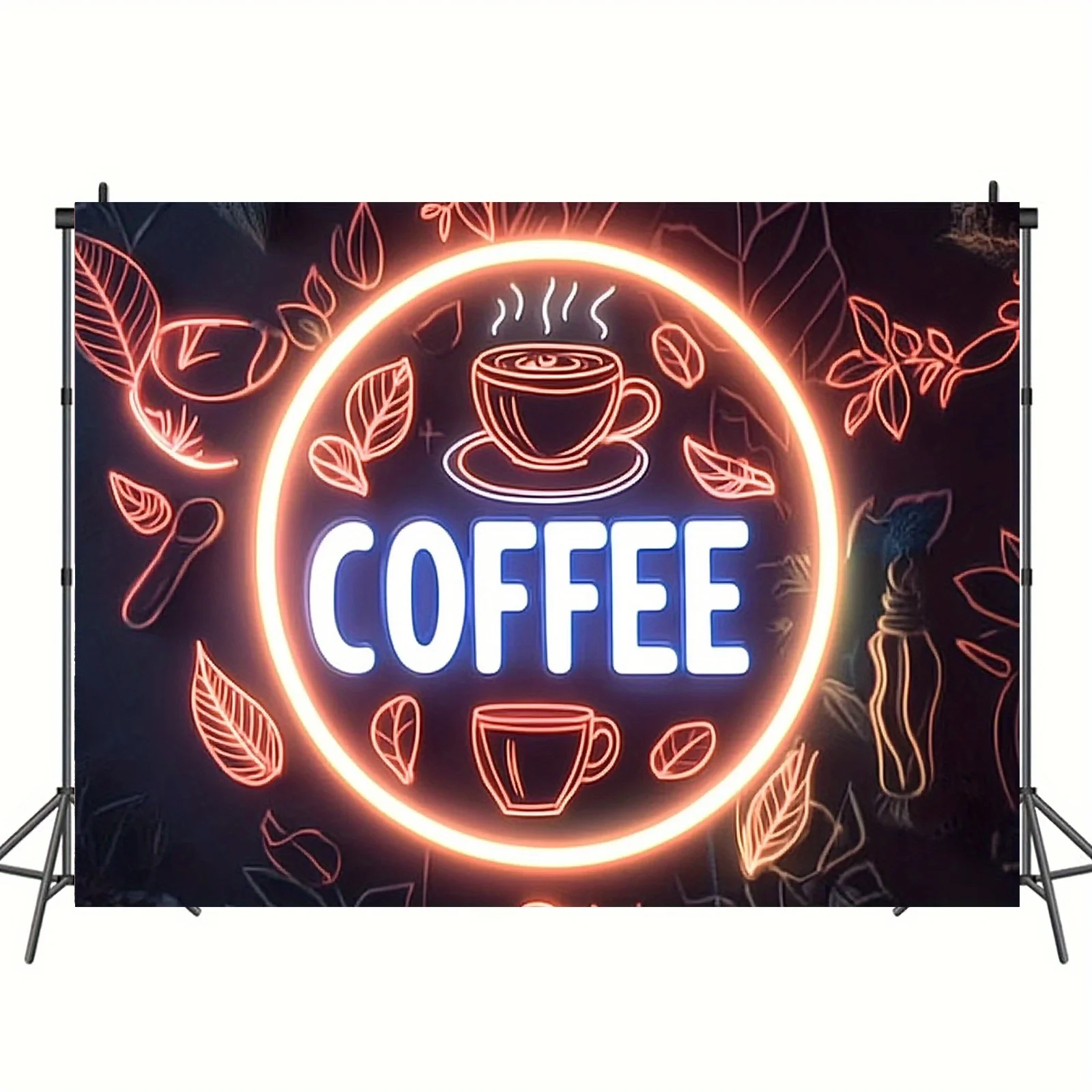 قطعة واحدة من لافتة قهوة نيون بخلفية بوليستر، حروف "قهوة" متوهجة وأنماط حبوب القهوة، ديكور مقهى
