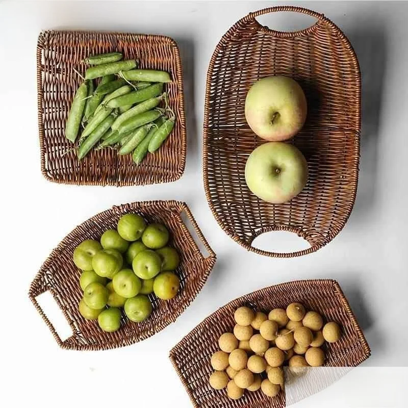 Rattan Woven Bamboo Basket Snack Tray Rectangular Living Room Home Use Fried Bamboo Basket Tray Commercial Fruit Basket
