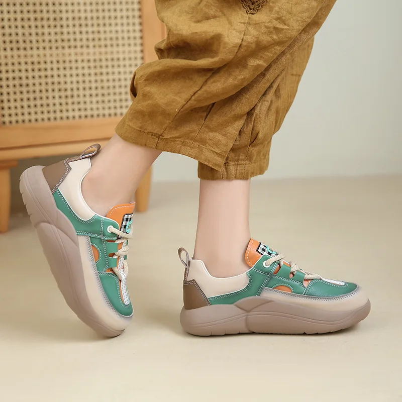 Thick Sole PU Face Women\'s Shoes 2023 Spring Autumn New Casual Single Shoes Women\'s Color Matching Sponge Sole Vulcanized Shoes