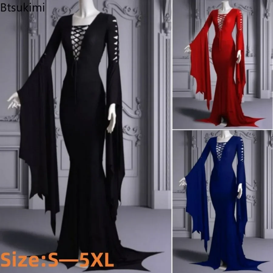 2024 donne Morticia Addams Cosplay vestito da pavimento Costume adulto donne Punk gotico strega Vintage Sexy Lace Up Slim Gown Halloween