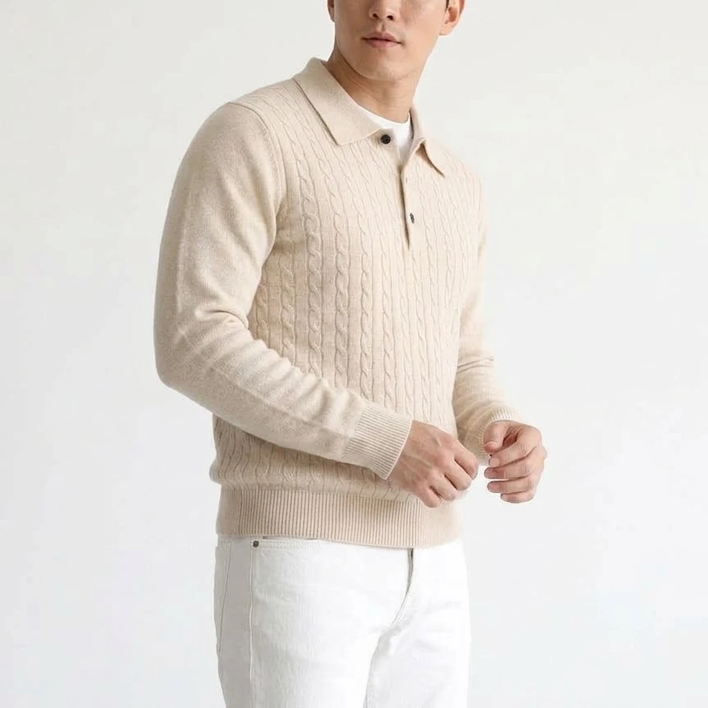Neue Kabelstrick-Polopullover für Herren, Langarm, lässig, mit Knopfleiste, Vintage-Pulloverhemd, schmal geschnitten, gerippt, Winter-Reversoberteil – Detail 7