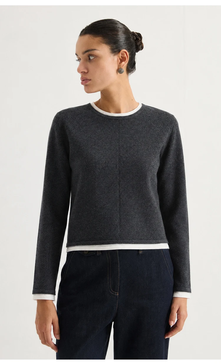 ML62039 Damen-Strickpullover mit Rundhalsausschnitt, Langarm, Zweiteiler-Optik, Kontrastfarbener Besatz, Lässiger Pullover für Herbst und Winter – Detail 11