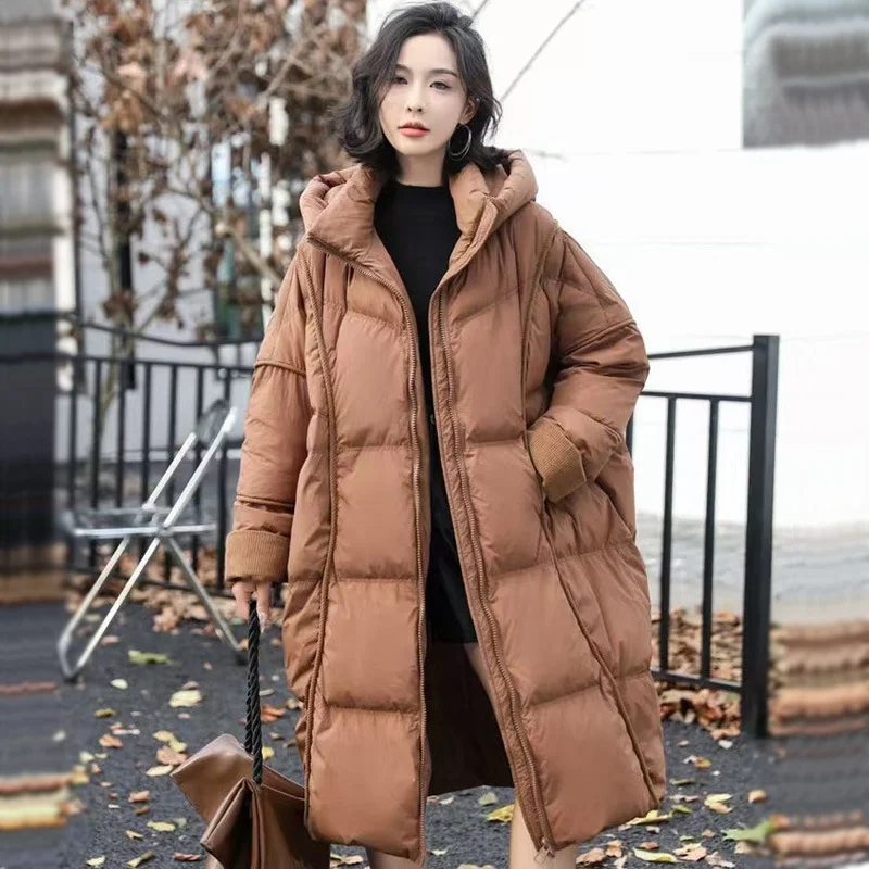 Halflange donsjas voor dames 2025, nieuwe winter, oversized, verdikte knielange capuchon, retro commuter-casual jas, trendy