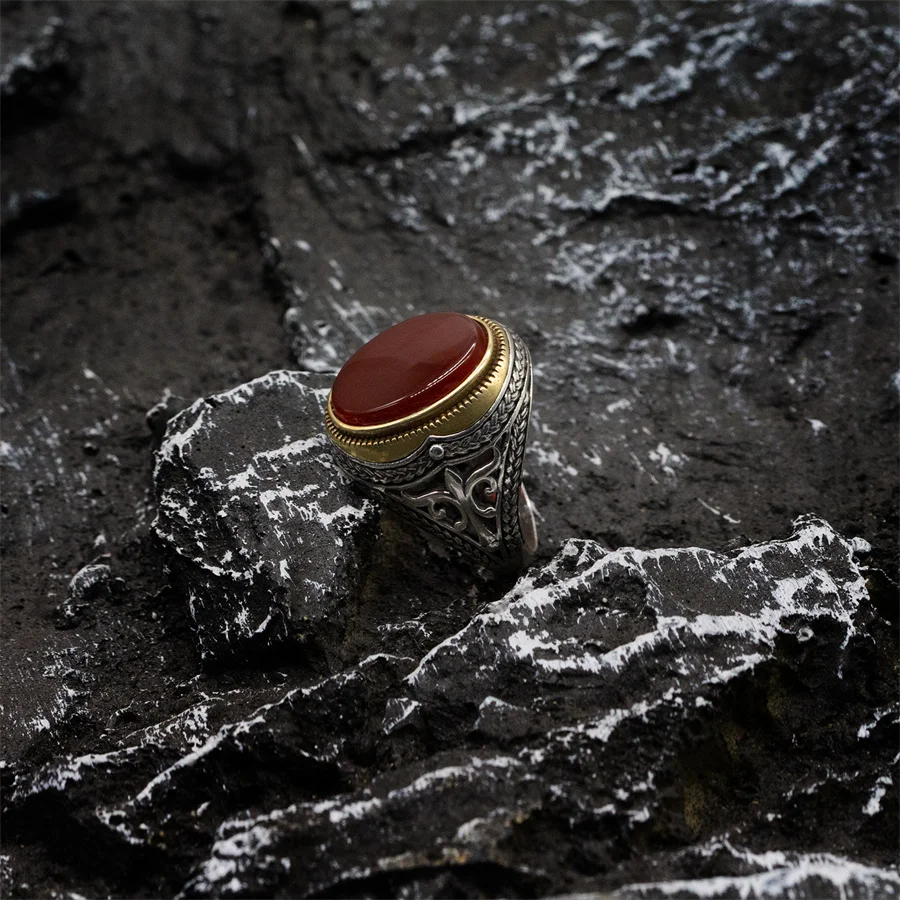 Genuine 925 Sterling Silver Ring for Men with Natural Red Onyx Stone Handmade Agate Vintage Turkish Silver Rings for Man Jewelry