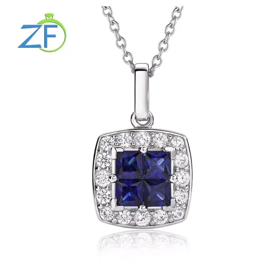 

GZ ZONGFA Genuine 925 Sterling Silver Square Pendant for Women Sapphire Emerald Ruby Colourful Gemstone Necklace Fine Jewelry