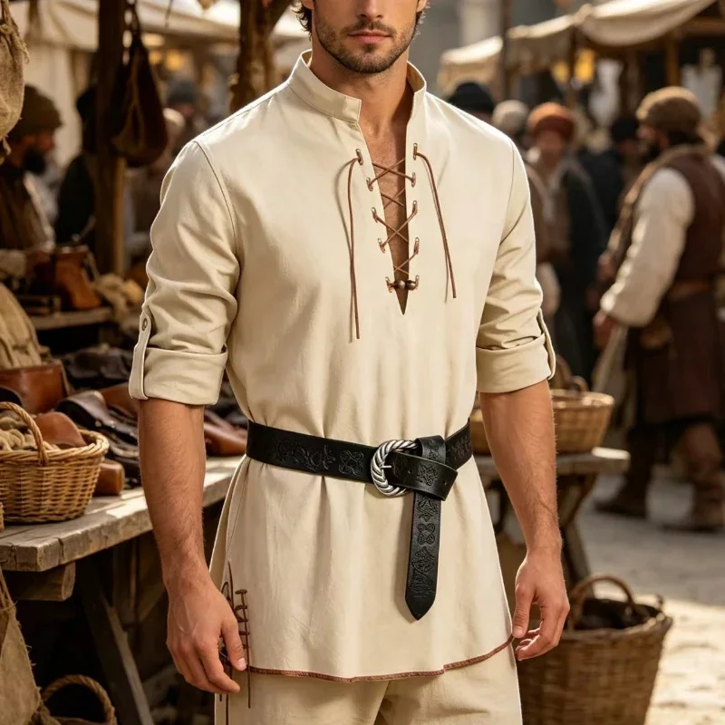 Men Vintage Medieval Viking Lace Up Shirt, Renaissance Pirate Roll Sleeve Top, Can Match Belt Halloween LARP Cosplay Costume