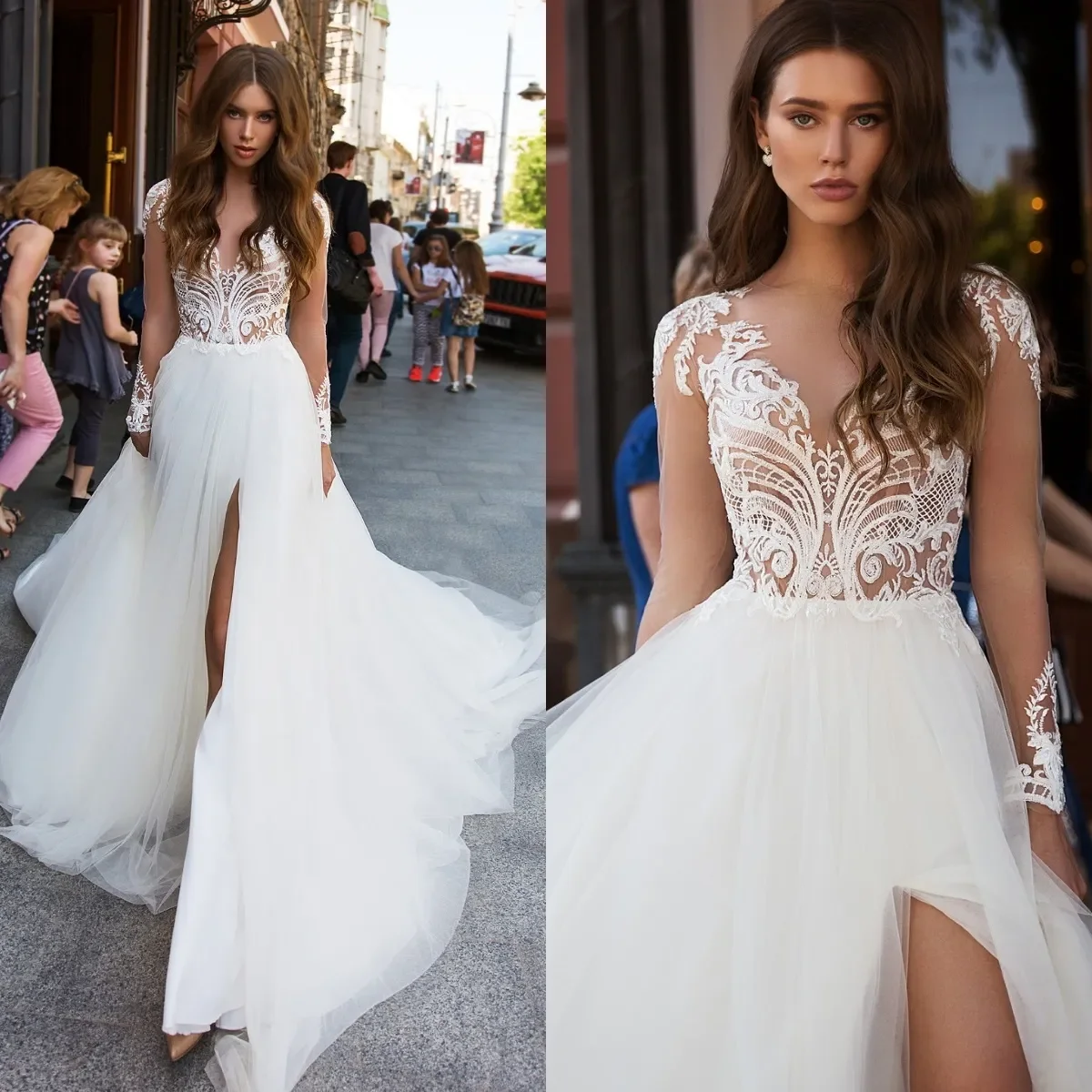 

Fashion elegant Bohemian A-line sexy V-neck Italian shoulder backless split wedding beach field photography bridal party dress