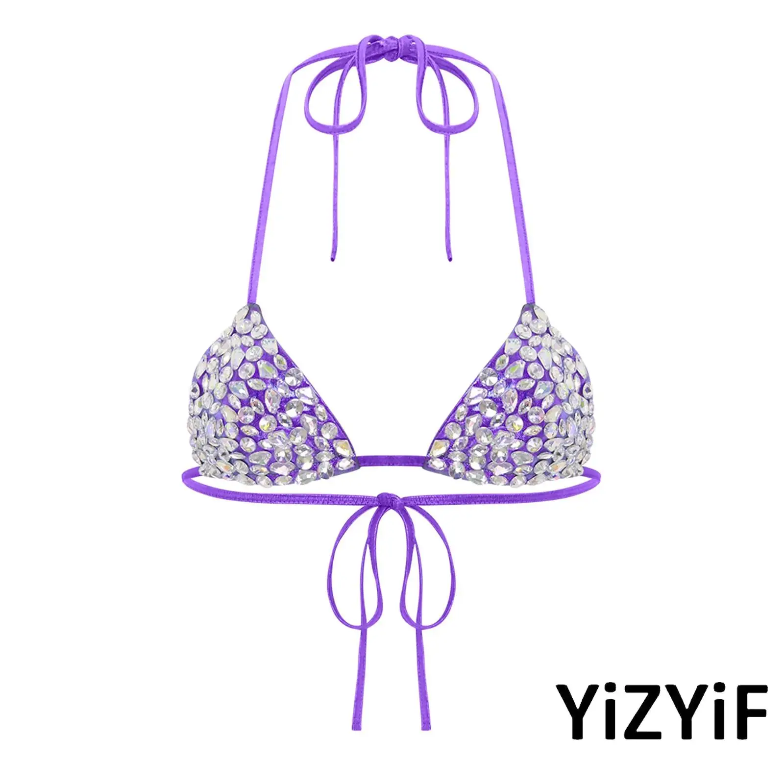 

Sexy Womens Fashion Sparkly Rhinestones Swim Tops Halter Self-tie Bikini Bra Top Charming Triangle Swimwear Tempting Brassiere