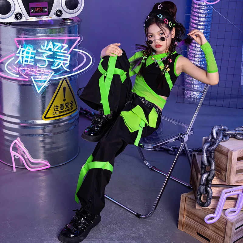 Kids Group Jazz Dance Costume Stage Kpop Outfits Girls Green Top Jogger Pants Child Hip Hop Clothing Street Dancewear XS7045