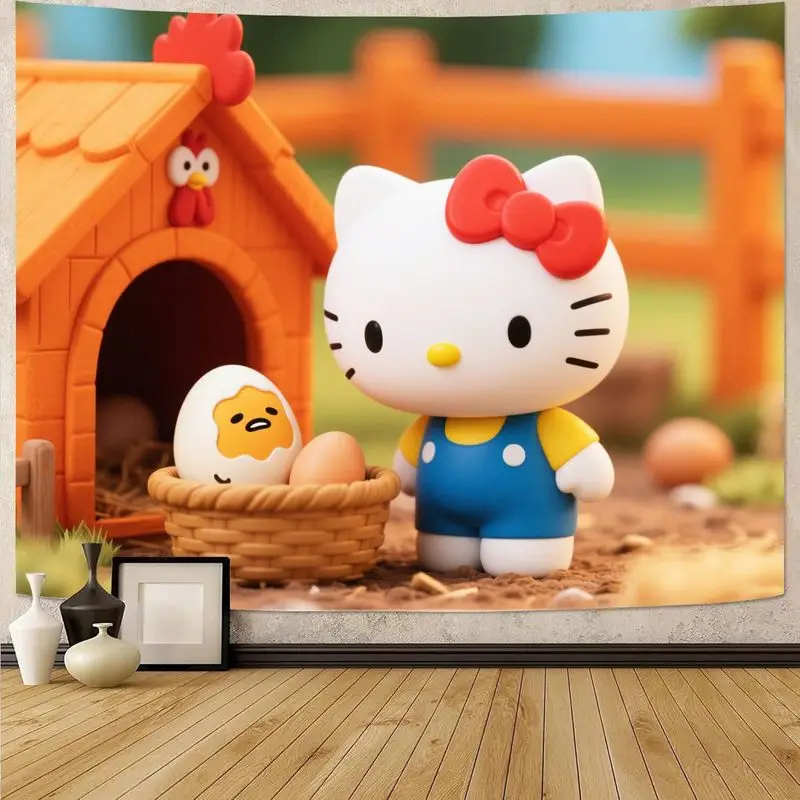 

Hello Kitty & Gudetama Cute Farm Cartoon Tapestry, Kawaii Polyester Wall Art Decor for Bedroom, Living Room, Dorm Gift for Fans