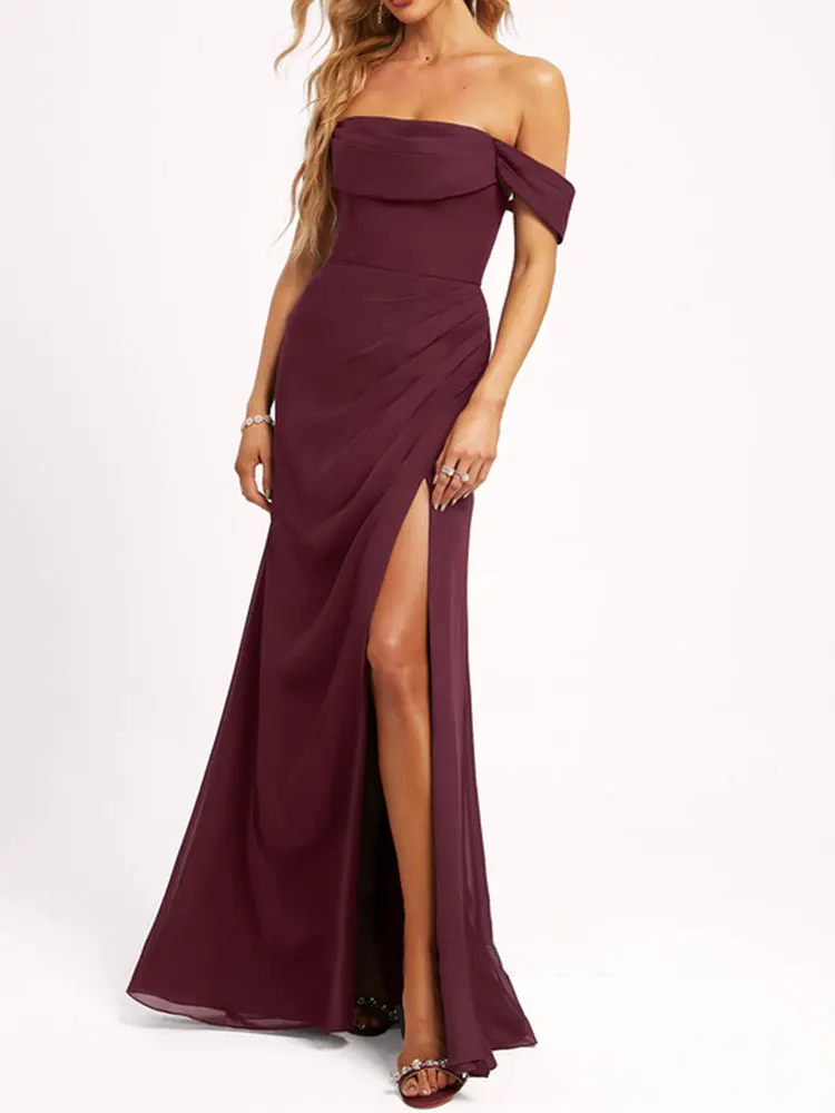 Floor-Length Chiffon Bridesmaid Dress Off the Shoulder Evening Party Dress High Slit  Mermaid/Trumpet Elegant Prom Dress