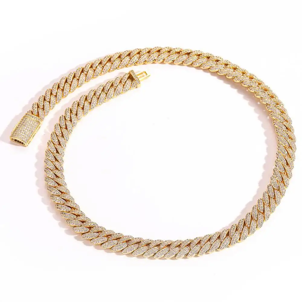 

14k Gold Cuban Link Chain Hip Hop Double Row Zircon 10mm Men Fashion Jewelry