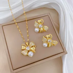 Classic Stainless Steel Gorgeous Pearl Bow Necklace Earrings Fashionable and Exquisite Temperament Evening Accessories