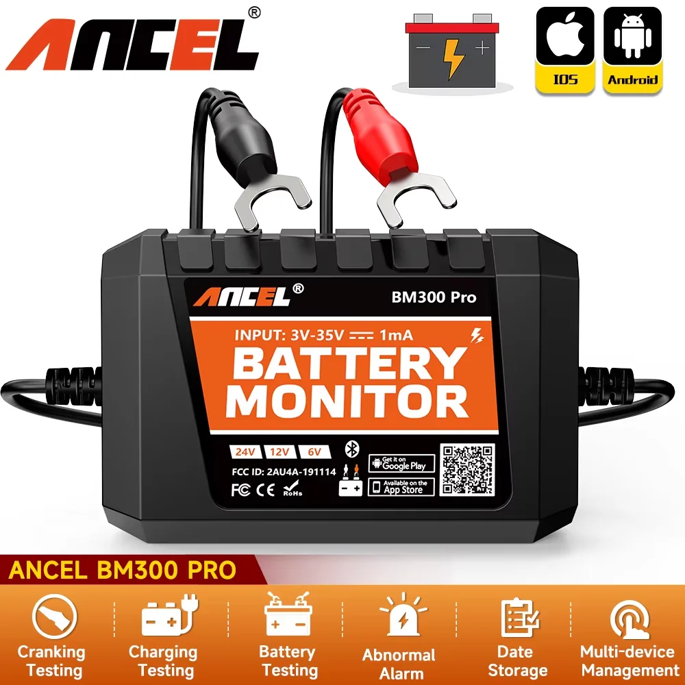 ANCEL BM300 Pro 6V 12V 24V Battery Test Bluetooth 5.3 Battery Monitor with Charging Cranking System Test & Alarm for Cars