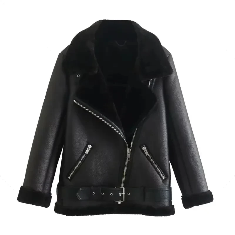 Spring Winter Coats Women Thickness Faux Leather Fur Sheepskin Female Fur Leather Jacket Aviator Outwear Casaco Feminino