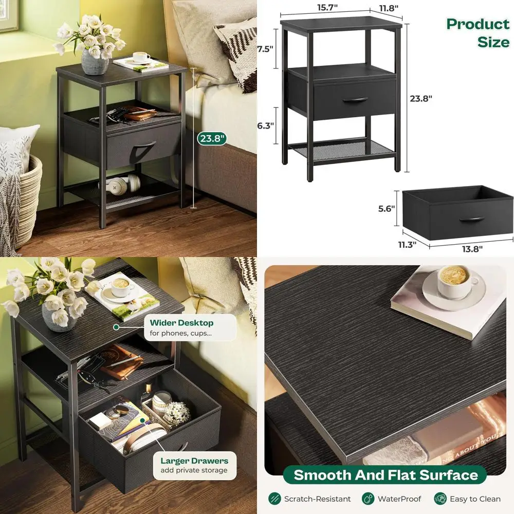 

Black 2-Piece Nightstand Set with Fabric Drawers, Mesh Shelf, and Storage Side Table