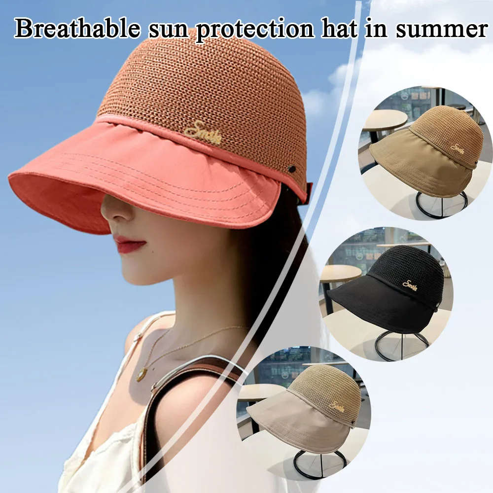 

Fashion Summer Women Bucket Hat UV Protection Sun Hats Soft Foldable Wide Brim Outdoor Beach Panama Cap Ponytail Baseball Caps