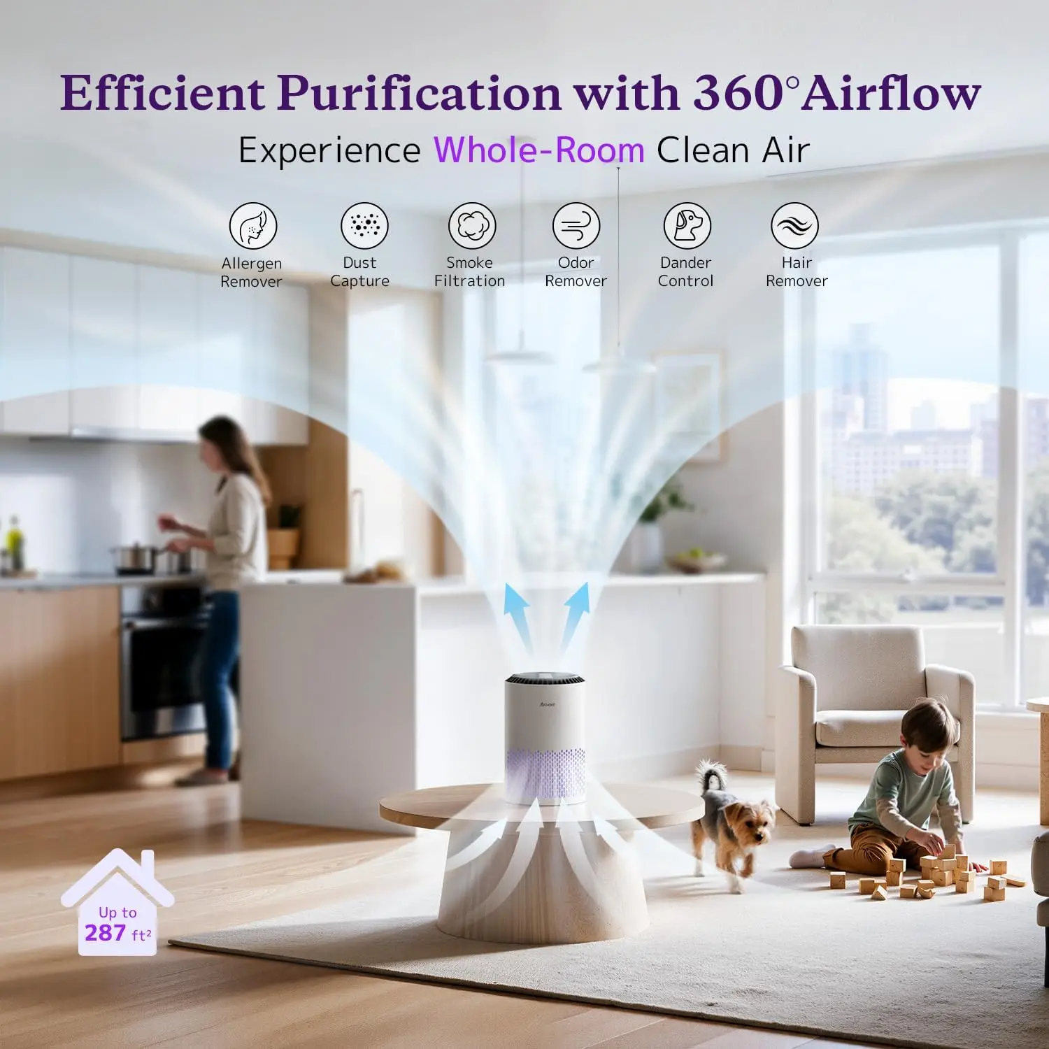Air Purifier for Bedroom, 3-Layer Filter for Smoke Pollen Allergies, Quiet Sleep Mode, Energy Saving with Timer