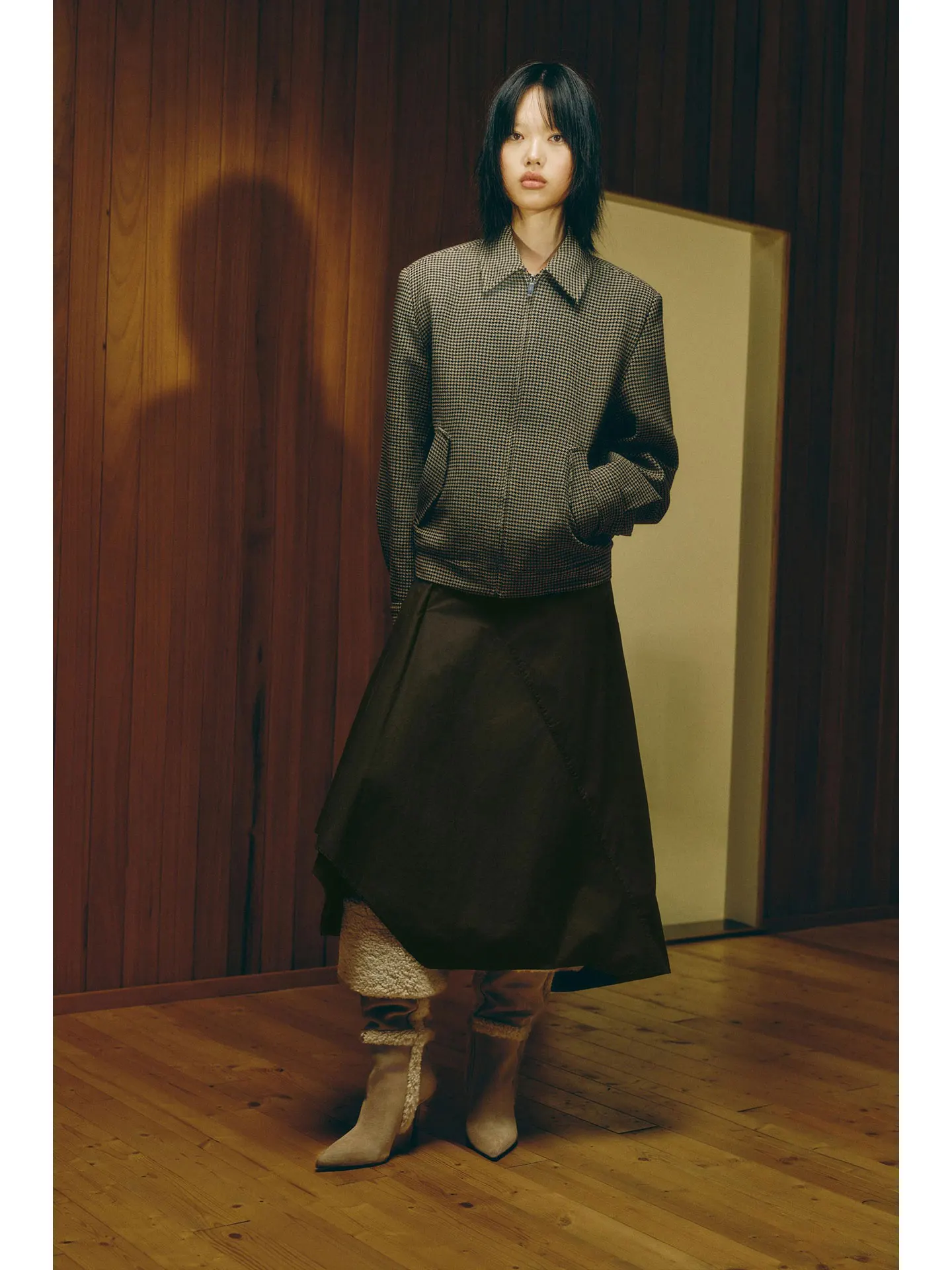 Printemps 2026 Unique décontracté Plaid oulder Pad pilote Jaet femmes haut de gamme sensation 969957 trajet Sle longue fermeture à glissière Sve