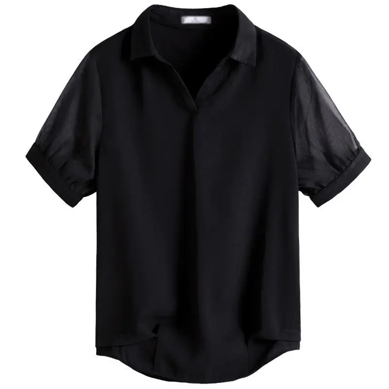 2023 Oversize Fashion Female Clothing Summer New Lapel Black Loose Tops Women Korean All-match Chiffon T-shirt