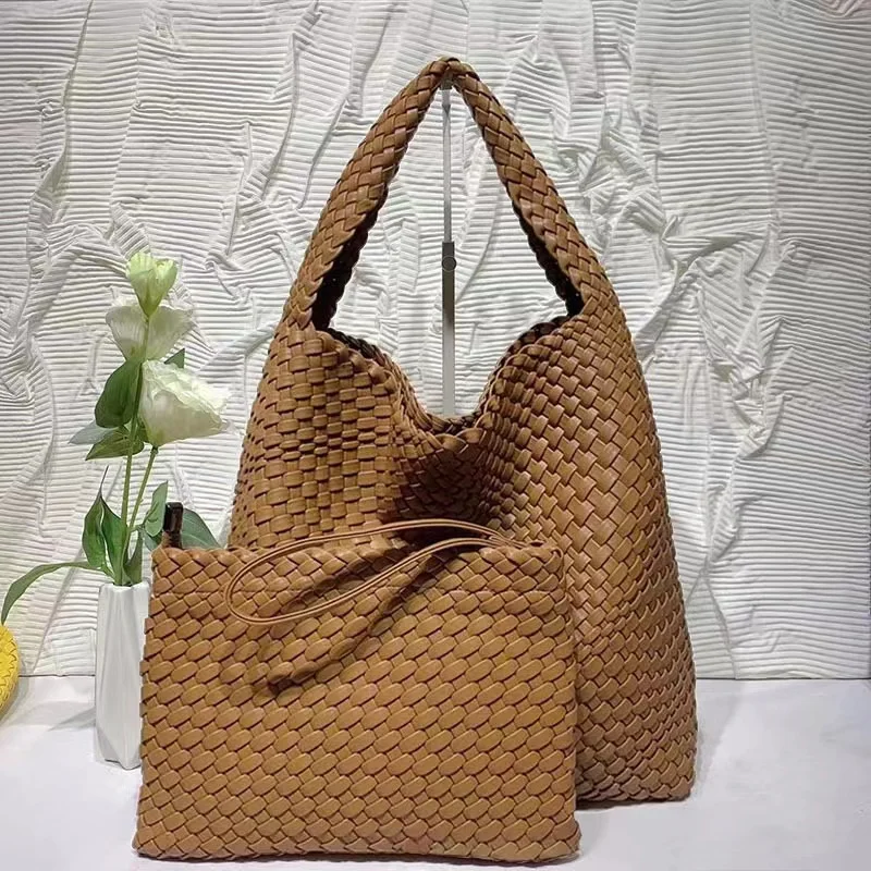 Women's large capacity handbag shoulder bag PU woven bucket bag tote bag