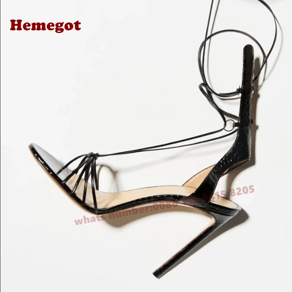 

Black Patent Lace Up Sandals 2025 New Open Toe Stiletto Heels Women's Sandals Cut Out Cross Strappy Casual Shoes Summer Sexy