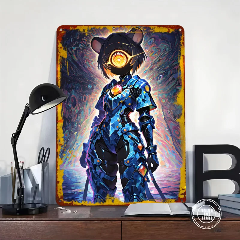 Cyclops Bear Warrior in Blue Armor Printed Poster Customized Wall Art Retro Vintage Metal Tin Signs for Bedroom Decorations Home
