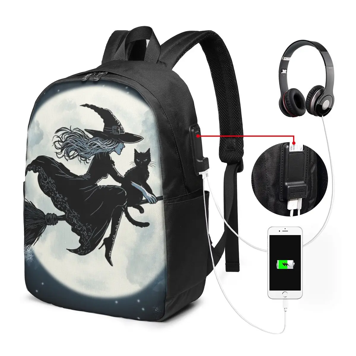 Witch And Cat Fly On Sky Backpack Travel Notebook Bag Computer College Student School Bag Laptop Shoulder Bags for Men Women