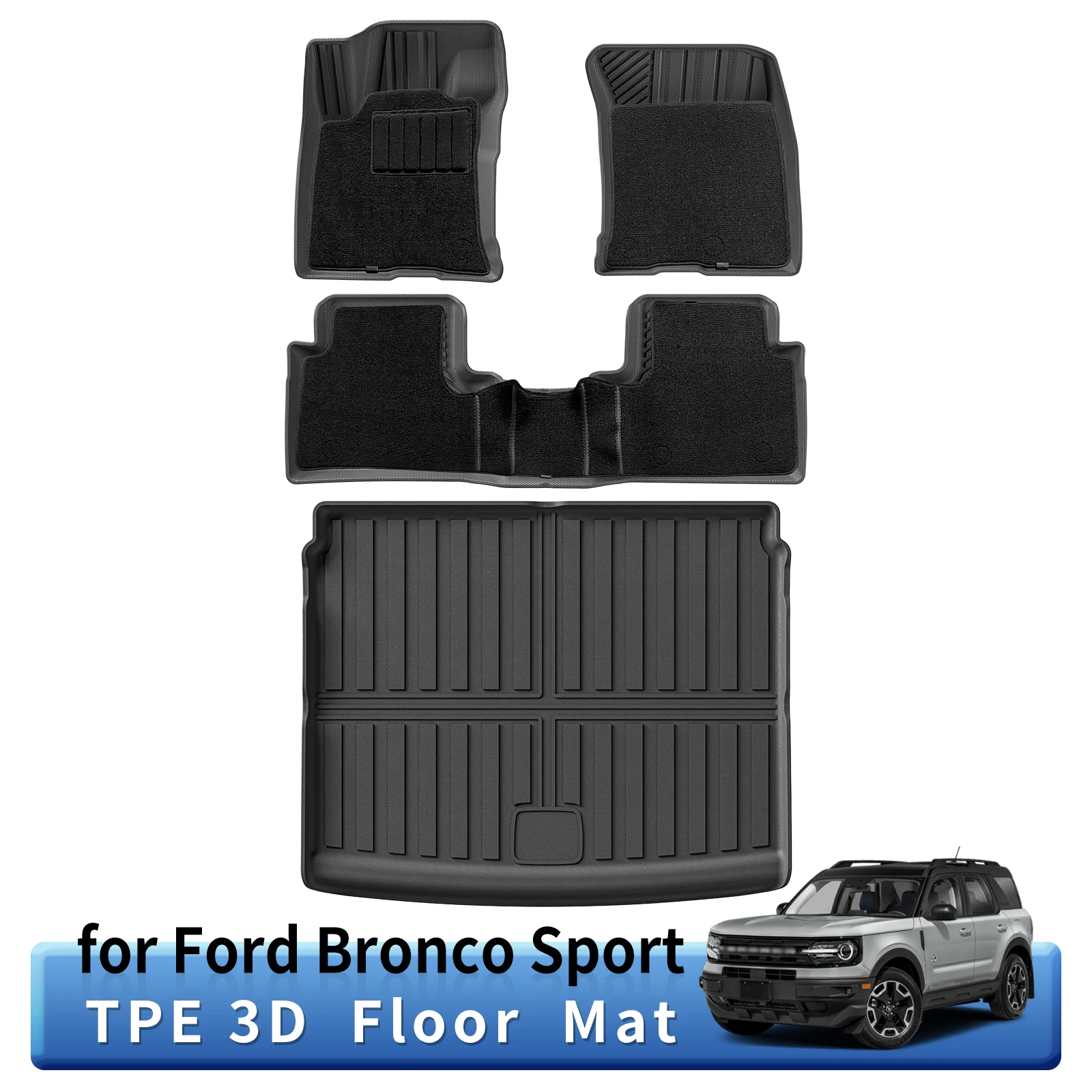 

TPE 3D Car Floor Mats Cargo Liner Trunk Pad for Bronco Sport 2021-2023 2024 Black Carpet Foot Pads All Weather Left Rudder