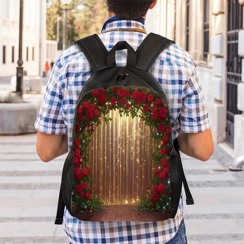 

Valentine's Day Rose Arch Backpack with Adjustable Strap and Door Zipper - Pink/Red Rose Printed School Bag
